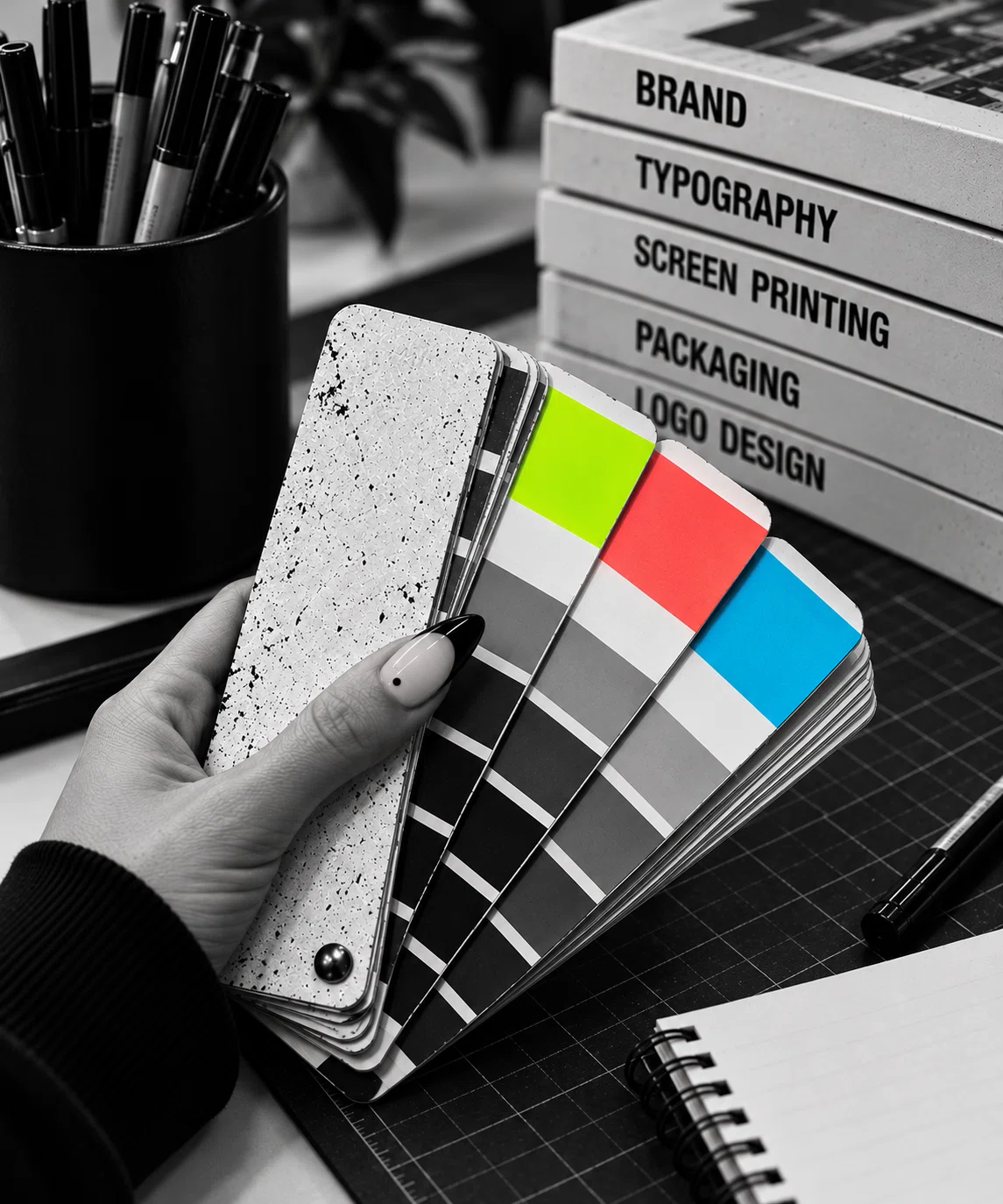 Studio42 color swatches and design books in a Kansas City studio