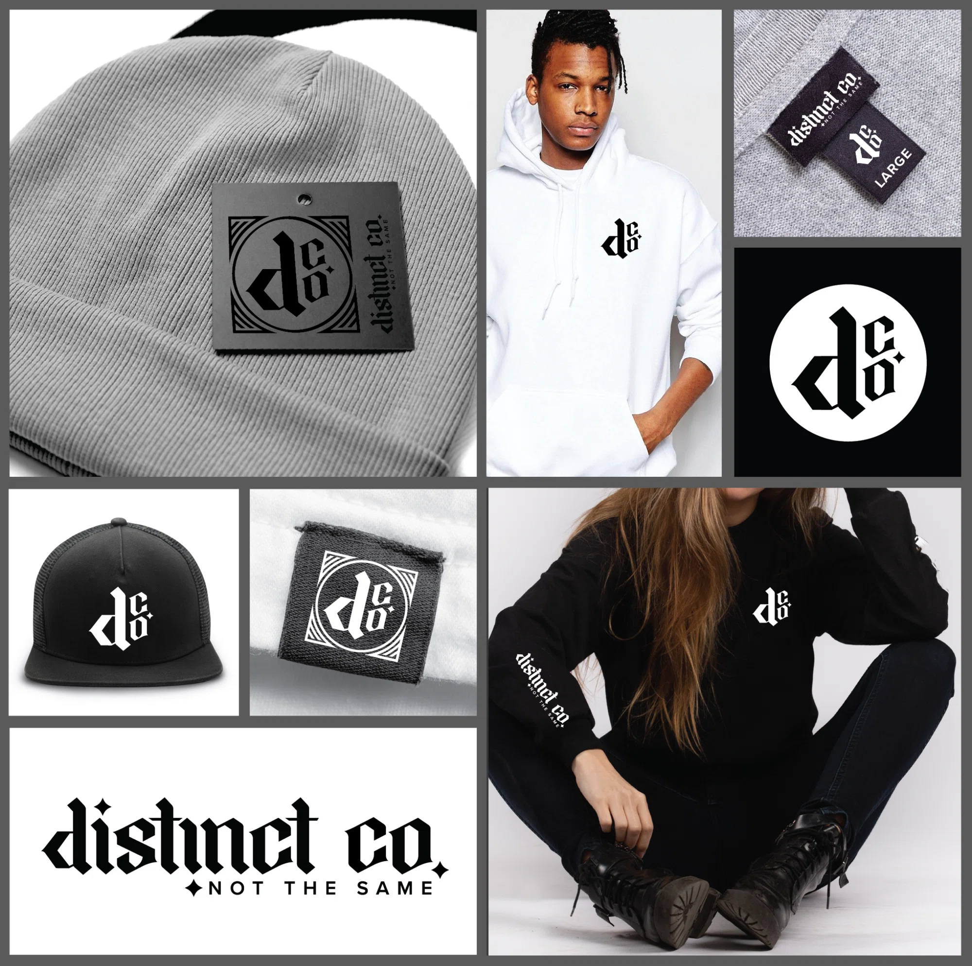 Distinct Co. — streetwear brand identity and apparel applications