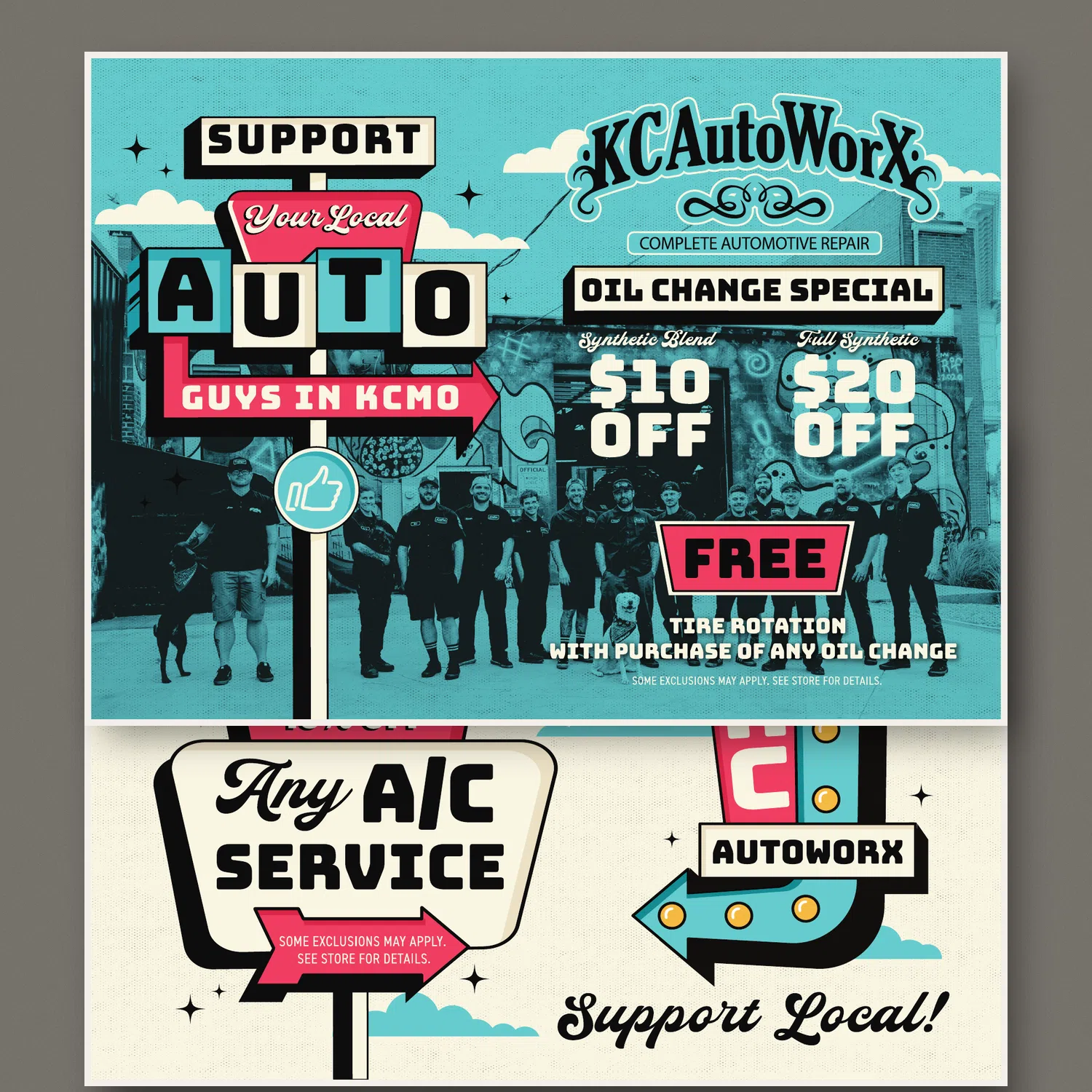 KC AutoWorx direct mail postcard front and back, original print designs