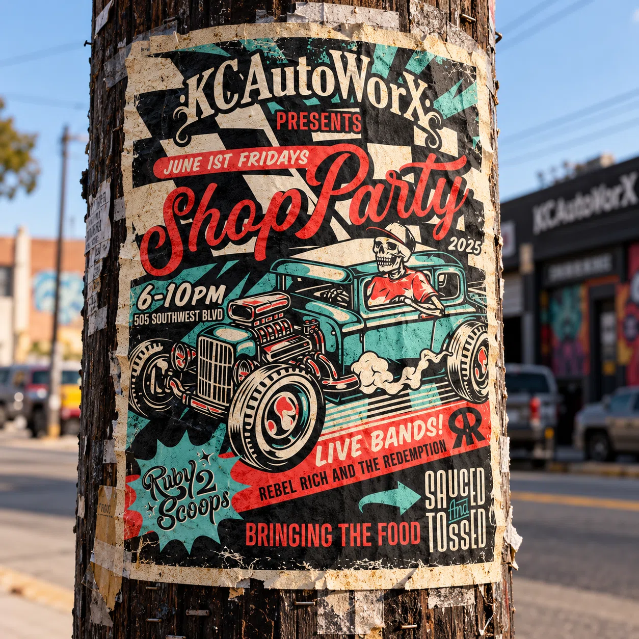KC AutoWorx Shop Party event poster using the original artwork