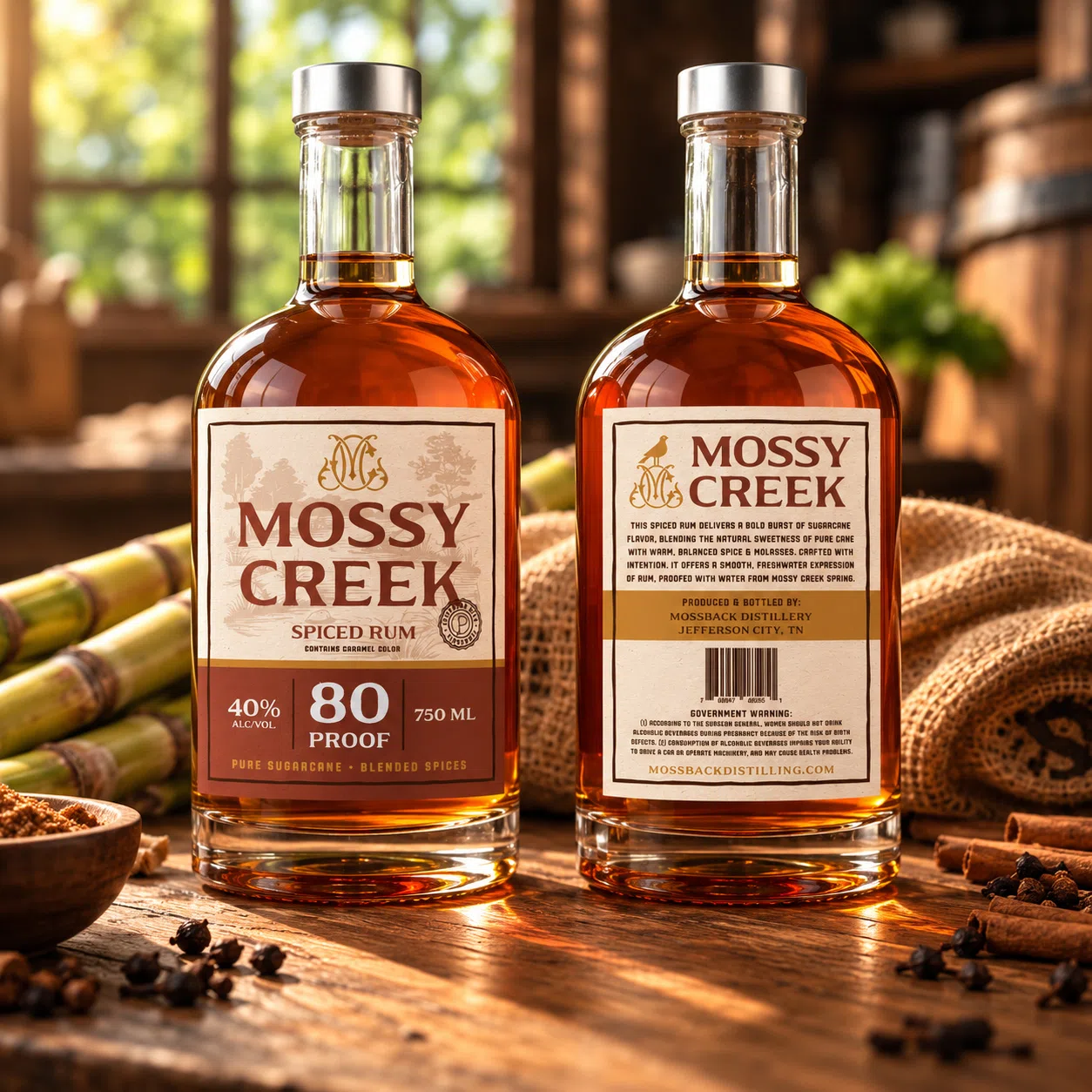 Mossy Creek spiced rum front and back bottles in a rustic product scene