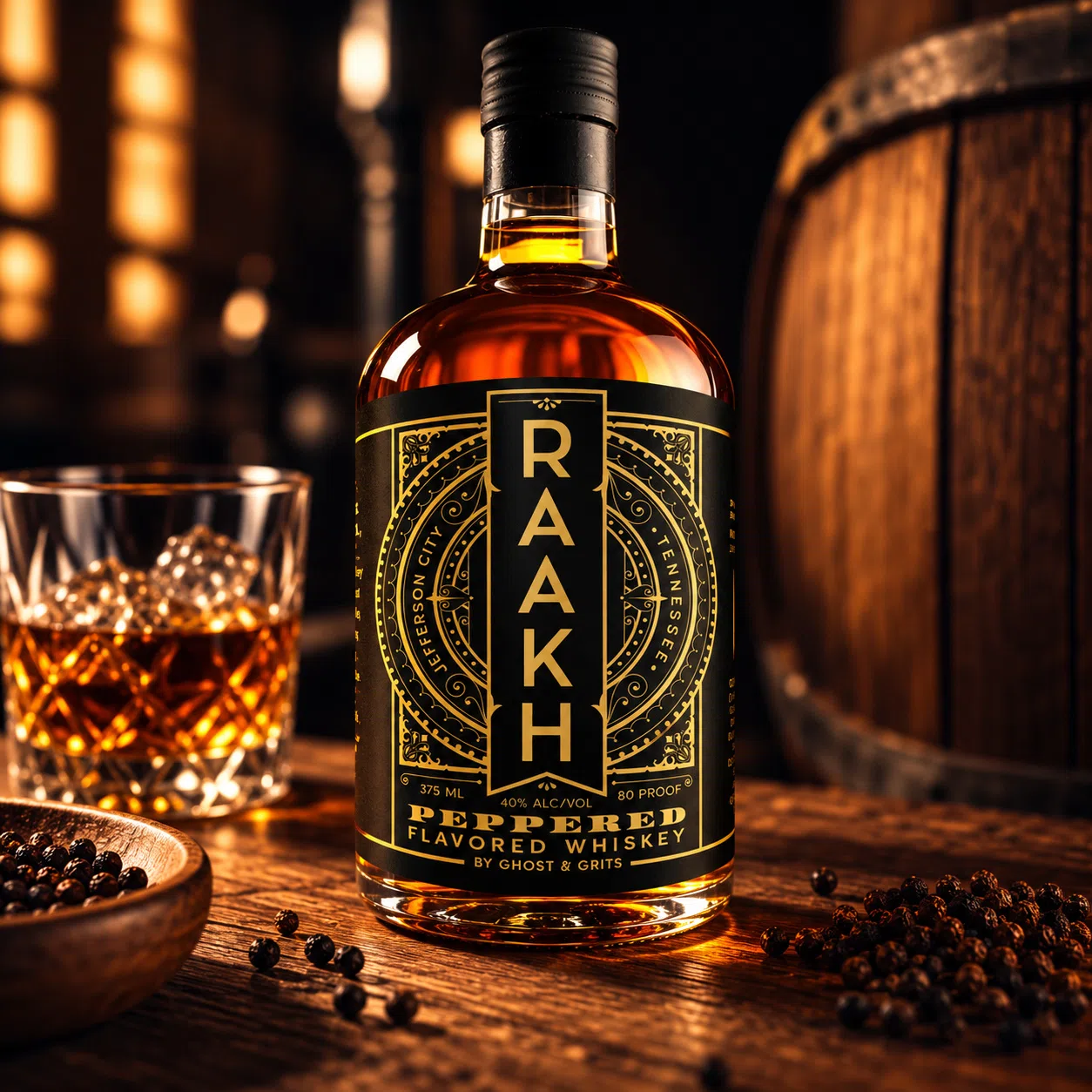 RAAKH peppered whiskey bottle in a dramatic dark product scene