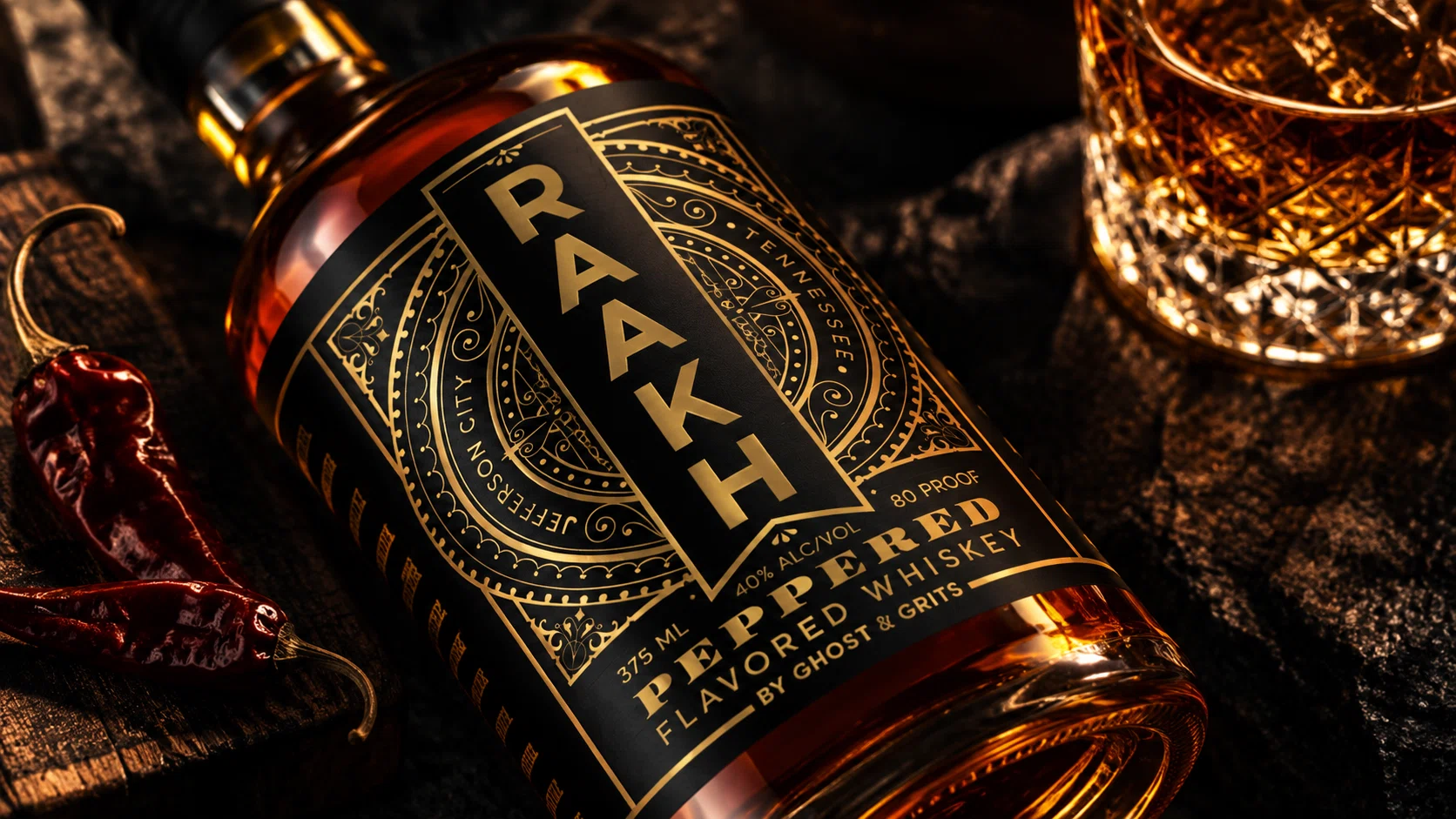 RAAKH whiskey label closeup with hot peppers