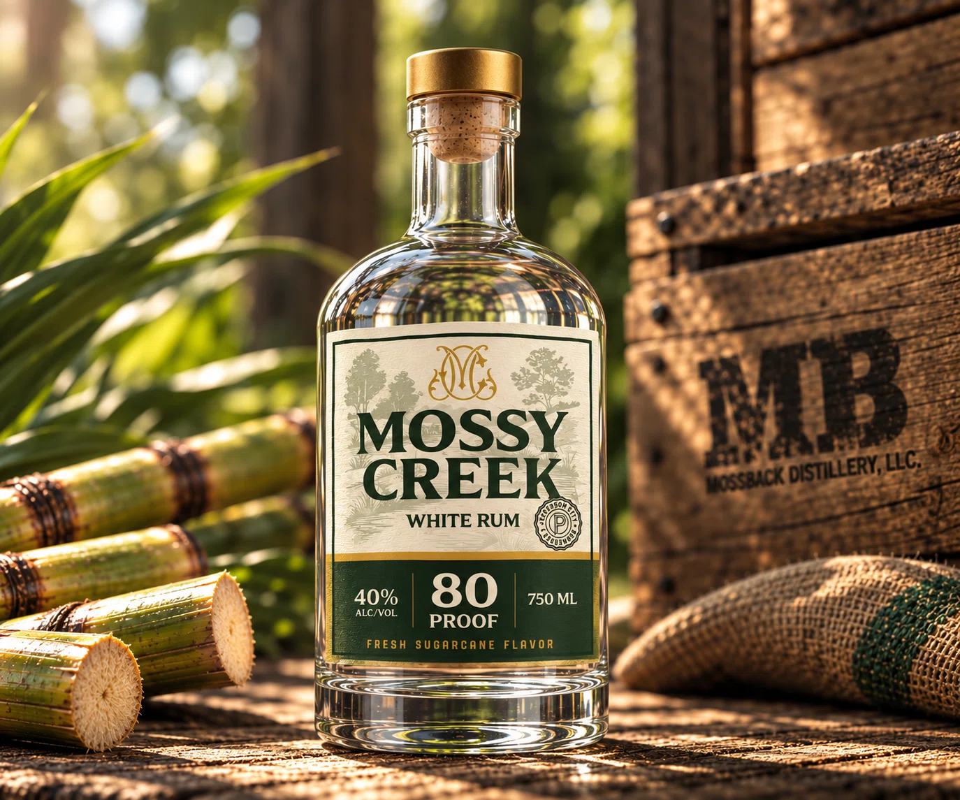 Mossy Creek White Rum lifestyle bottle