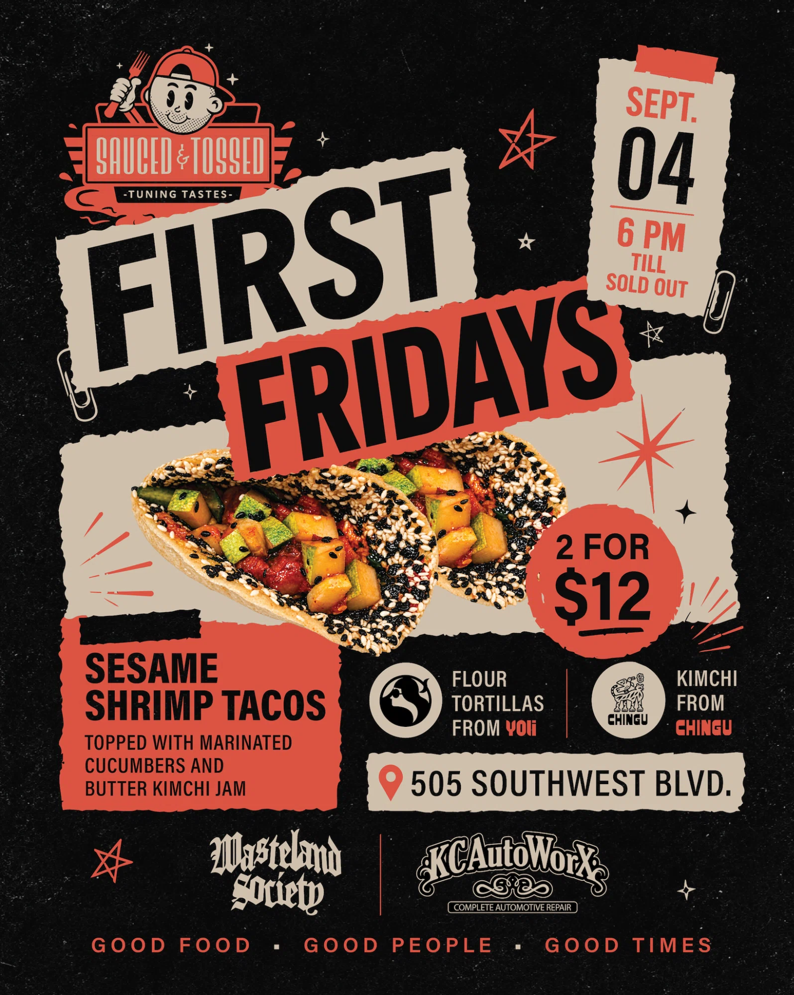 Sauced & Tossed Sesame Shrimp Tacos First Fridays event graphic