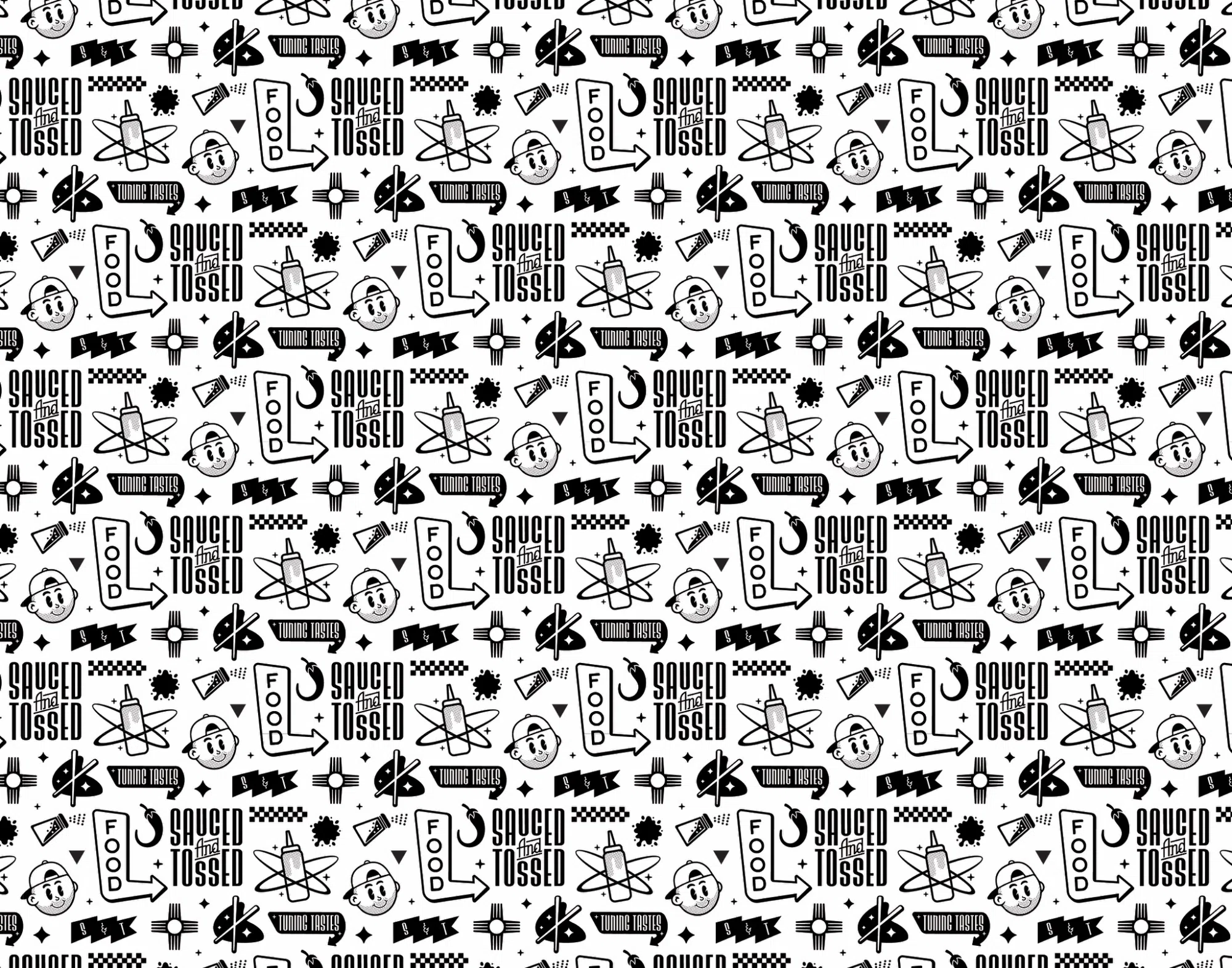 Sauced & Tossed black and white brand pattern