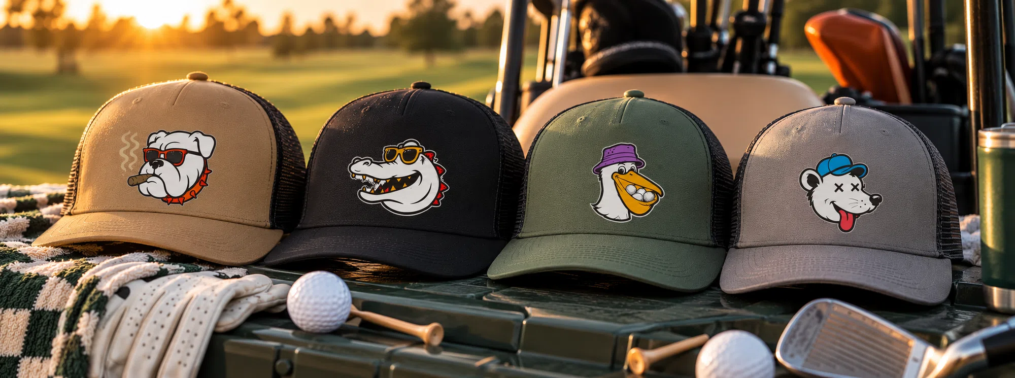 Four Silly Goose mascot trucker hats on a golf cart at golden hour