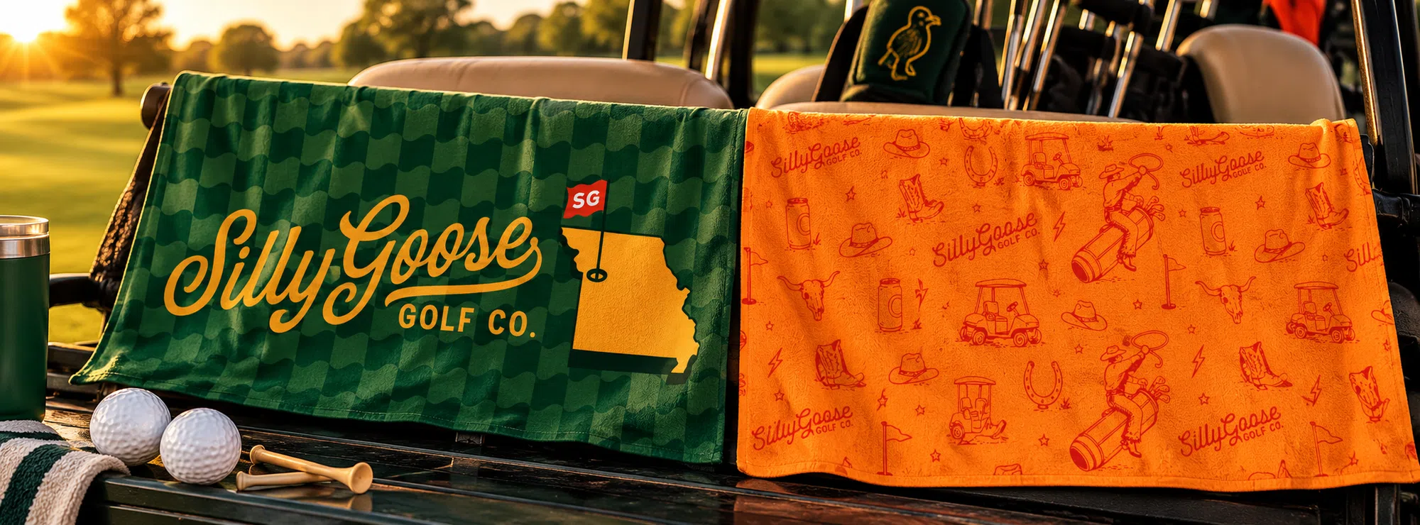 Silly Goose Missouri and Western pattern golf towels displayed on a golf cart